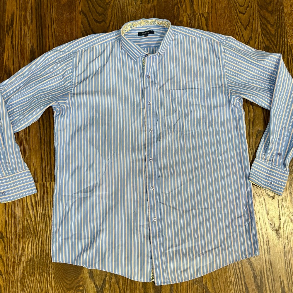 Bogari Men's‎ Blue White Striped Band Collar Button-Up Shirt Floral Trim L